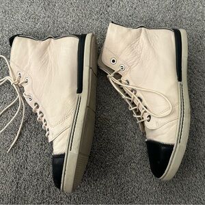 STUART WEITZMAN $435 ZIPIT Bone / Black Leather Cap Toe High Top Sneakers 10 m